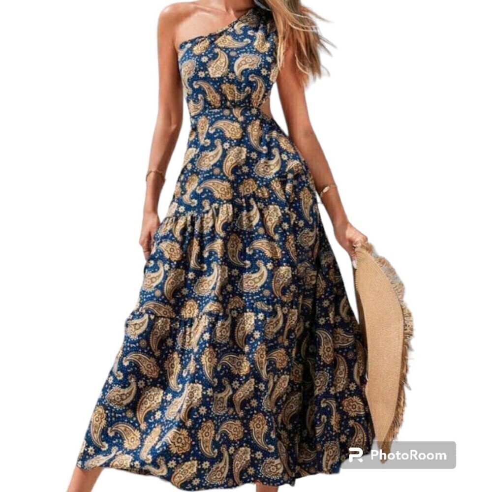 Women's Summer Paisley Print One Shoulder Cut Out Waist Ruffle Hem Dress Small
